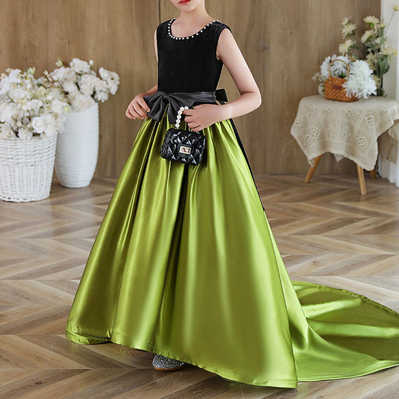 Green A-Line Puffy Princess Dress for Girls, Floor Length Satin Gown