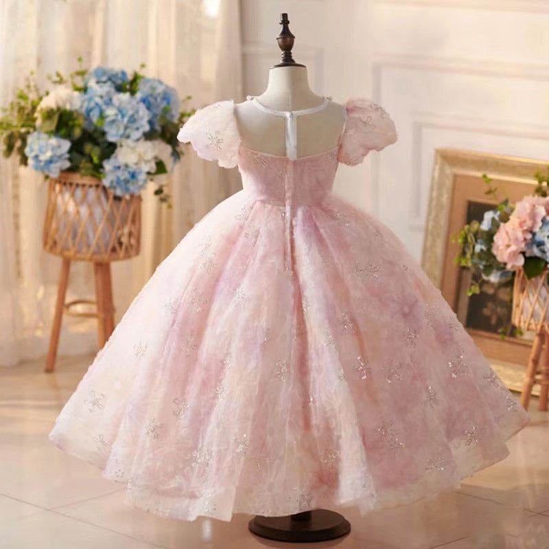 Elegant Pink Tulle Flower Girl Dress with Lace & Puff Sleeves