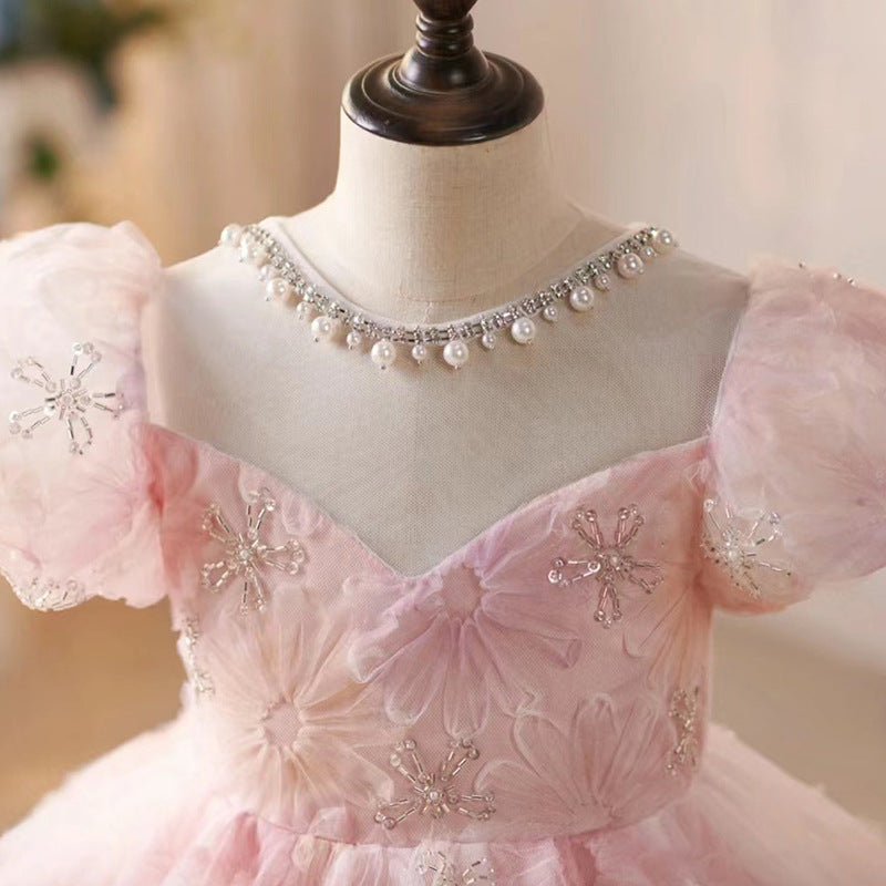 Elegant Pink Tulle Flower Girl Dress with Lace & Puff Sleeves