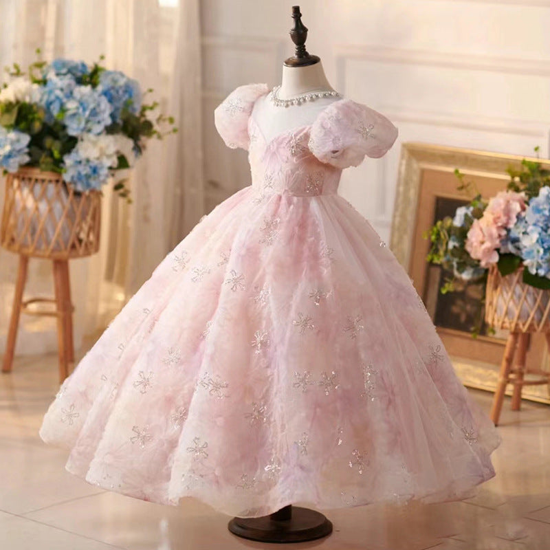 Elegant Pink Tulle Flower Girl Dress with Lace & Puff Sleeves