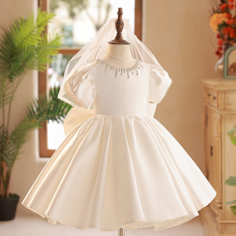 Elegant Satin Flower Girl Dress with Cascading Ruffles & Beading – Mia