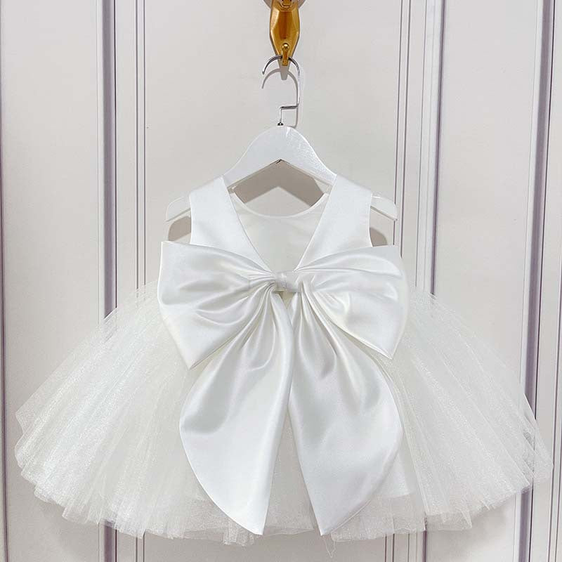 Elegant White A-Line Flower Girl Dress with Beading & Bows