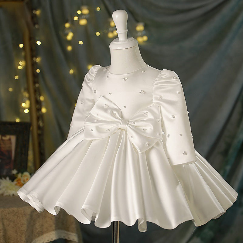 Elegant White A-Line Satin Flower Girl Dress with Bows