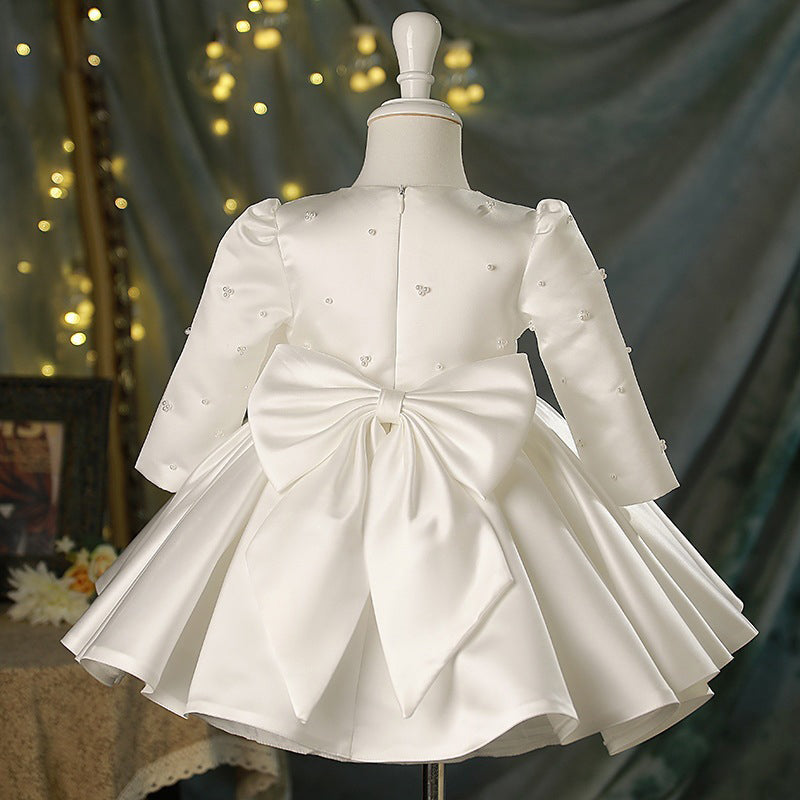Elegant White A-Line Satin Flower Girl Dress with Bows