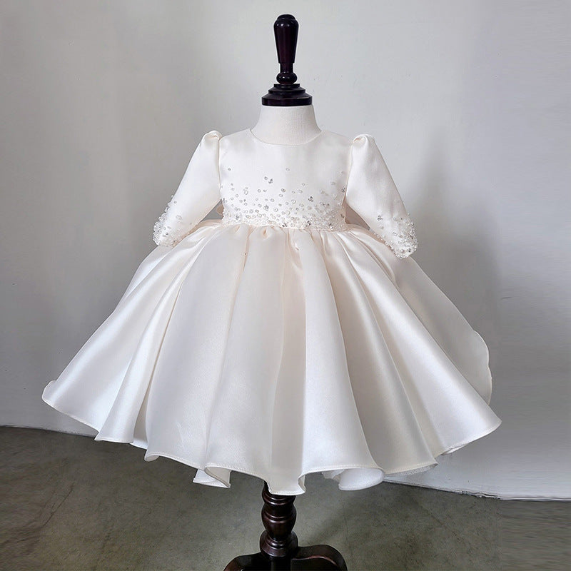 White Ball Gown Knee Length Dress for Girls with Sequins and Bow - Occasion Wear