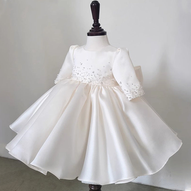 White Ball Gown Knee Length Dress for Girls with Sequins and Bow - Occasion Wear