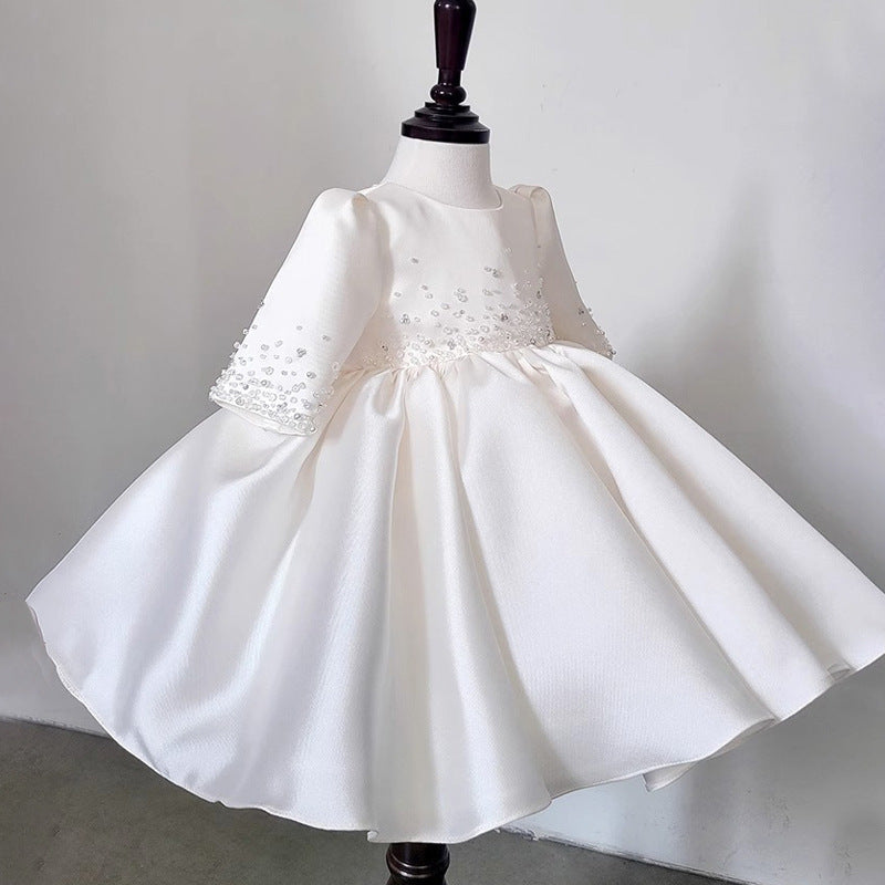 White Ball Gown Knee Length Dress for Girls with Sequins and Bow - Occasion Wear