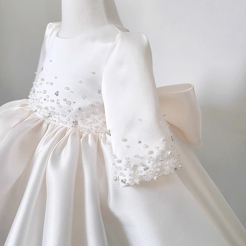 White Ball Gown Knee Length Dress for Girls with Sequins and Bow - Occasion Wear