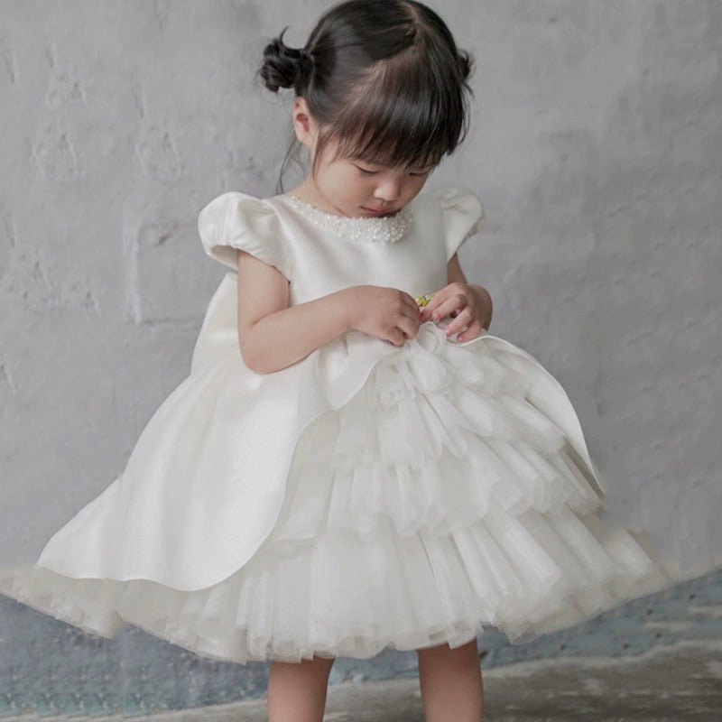 Elegant White Princess Dress for Girls with Bows | Special Occasion Knee-Length Dress