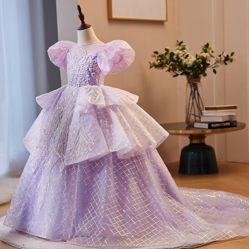 Enchanting Lilac Princess Flower Girl Dress with Sequins & Lace