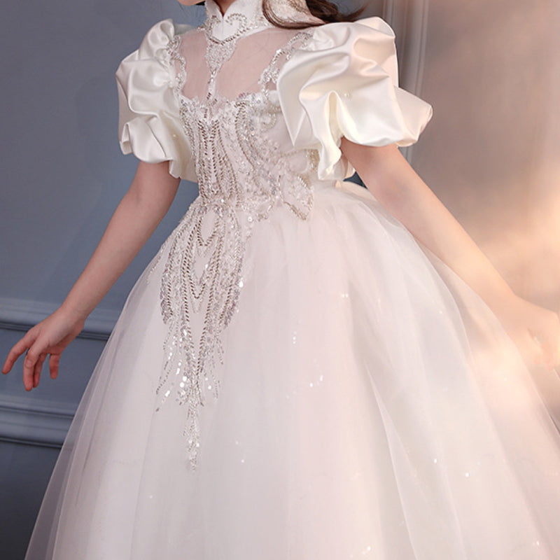 Girls' Floor Length White Princess Dress – Tulle & Sequins, Age 3-12