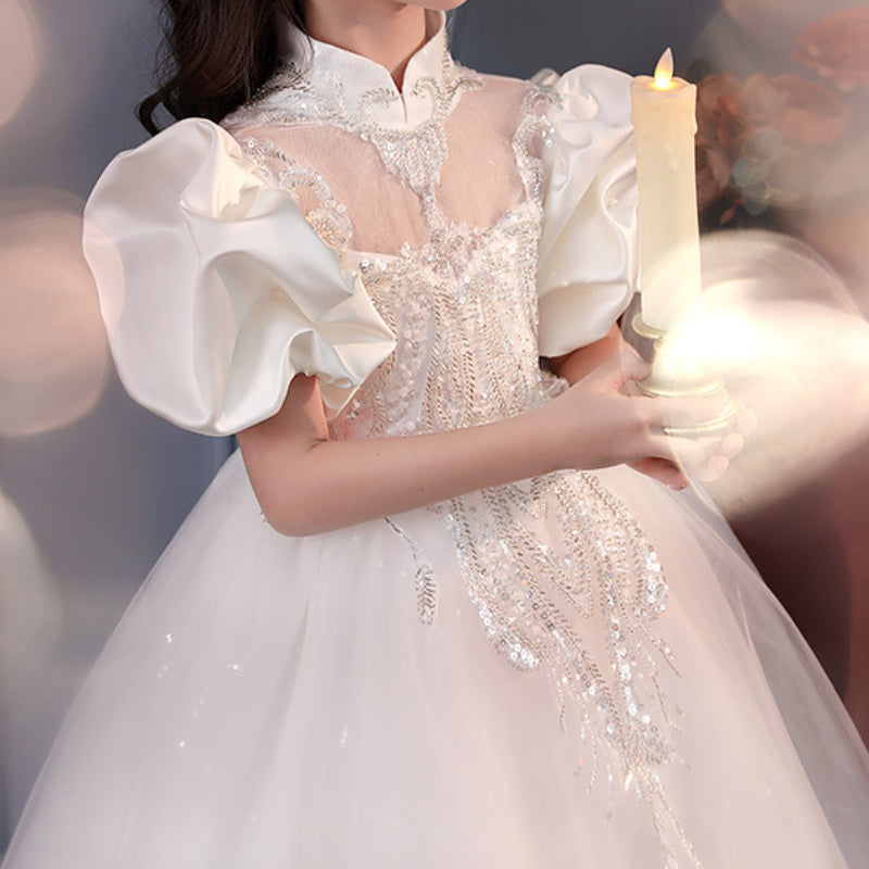 Girls' Floor Length White Princess Dress – Tulle & Sequins, Age 3-12