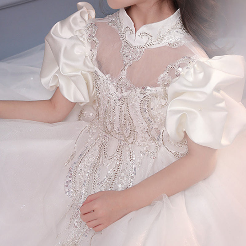 Girls' Floor Length White Princess Dress – Tulle & Sequins, Age 3-12