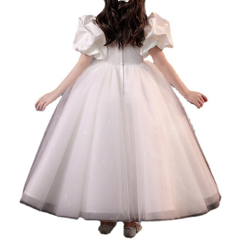 Girls' Floor Length White Princess Dress – Tulle & Sequins, Age 3-12