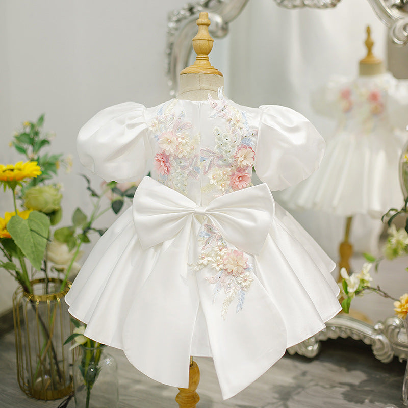 Girls' White Satin Princess Dress with Floral Appliqué – Party & Special Occasion Gown