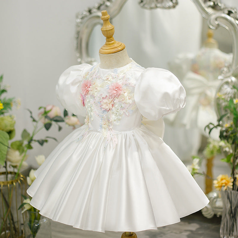 Girls' White Satin Princess Dress with Floral Appliqué – Party & Special Occasion Gown