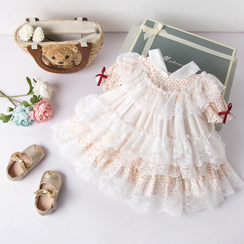 Floral Princess Flower Girl Dress with Cascading Ruffles and Puff Sleeves