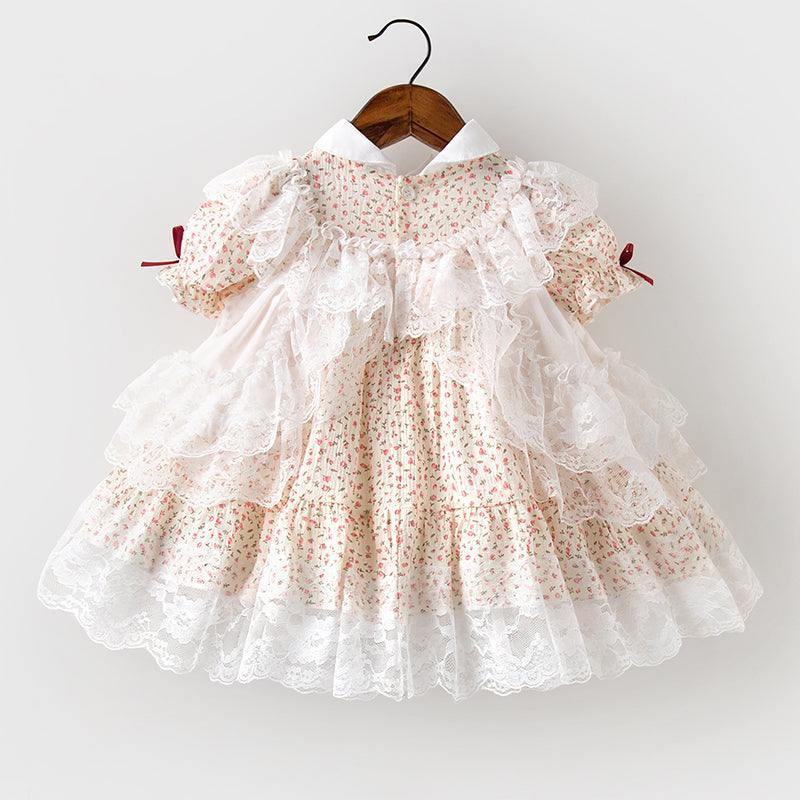 Floral Princess Flower Girl Dress with Cascading Ruffles and Puff Sleeves