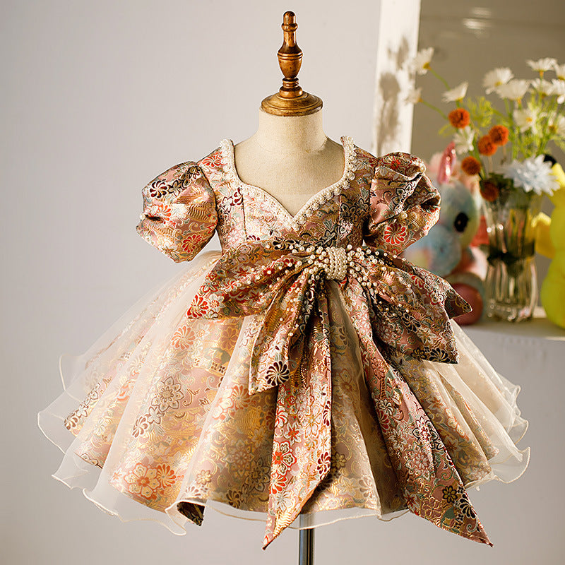 Floral Princess Tea-Length Flower Girl Dress with Beaded Bows