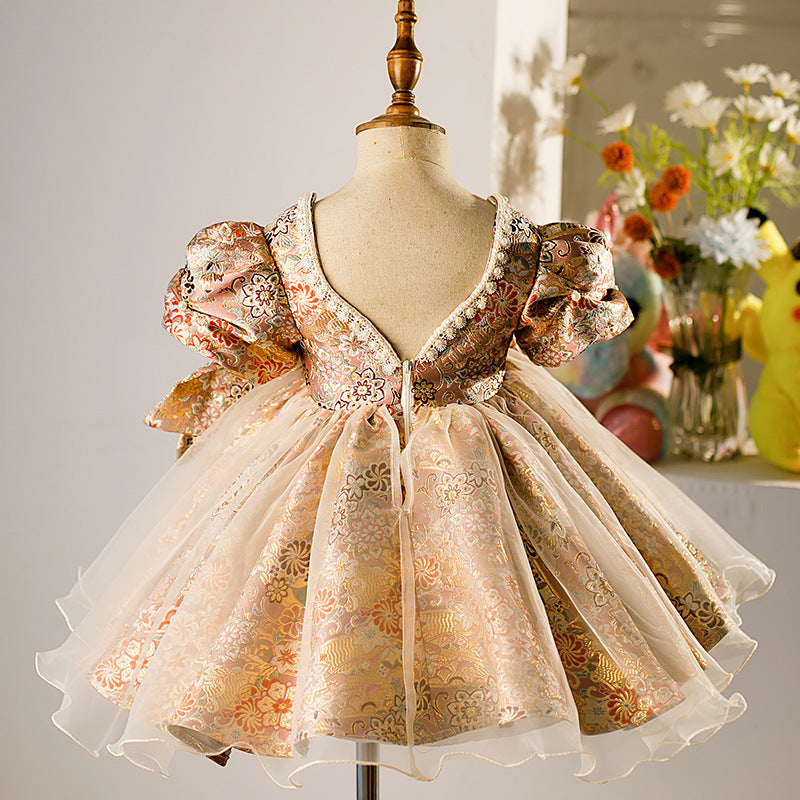 Floral Princess Tea-Length Flower Girl Dress with Beaded Bows