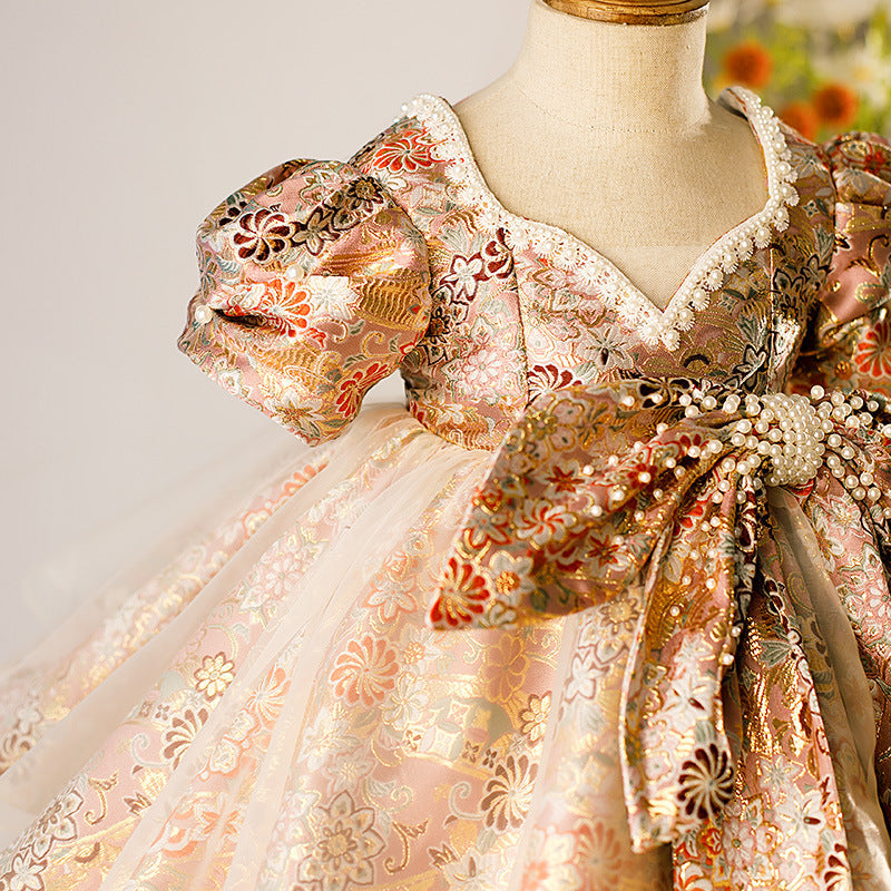 Floral Princess Tea-Length Flower Girl Dress with Beaded Bows
