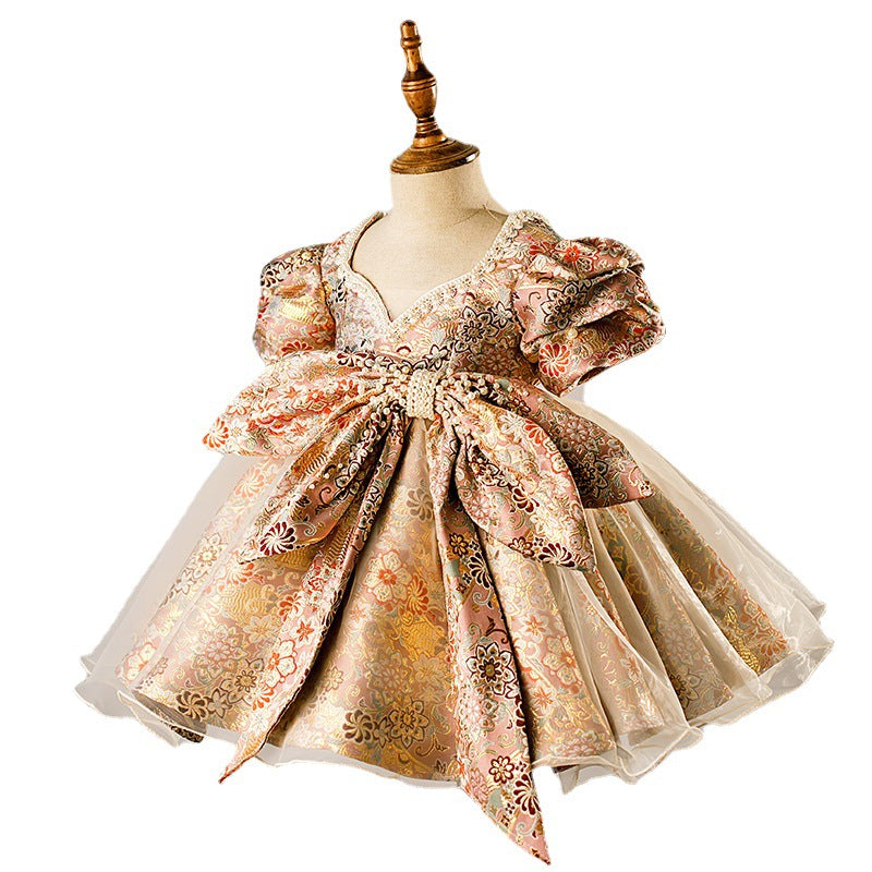 Floral Princess Tea-Length Flower Girl Dress with Beaded Bows