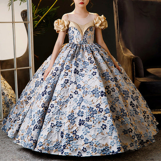 Blue Satin Floral Ball Gown Dress for Girls 3-10 Years - Special Occasion & Party Wear