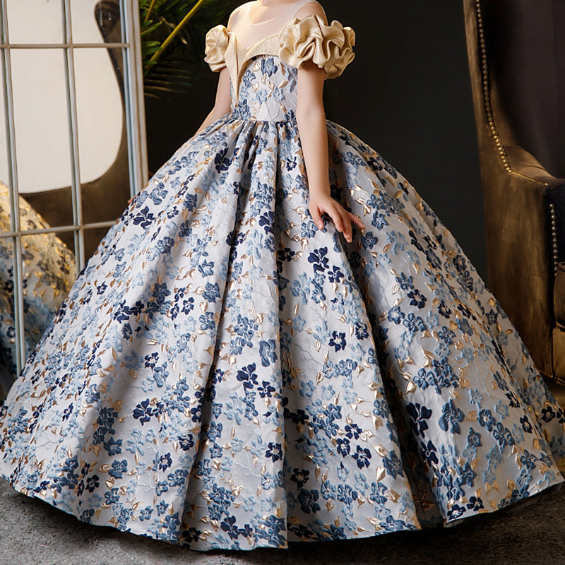 Blue Satin Floral Ball Gown Dress for Girls 3-10 Years - Special Occasion & Party Wear