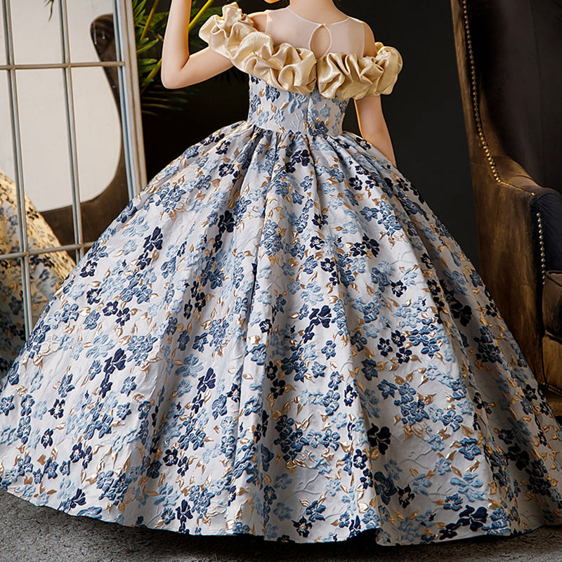 Blue Satin Floral Ball Gown Dress for Girls 3-10 Years - Special Occasion & Party Wear