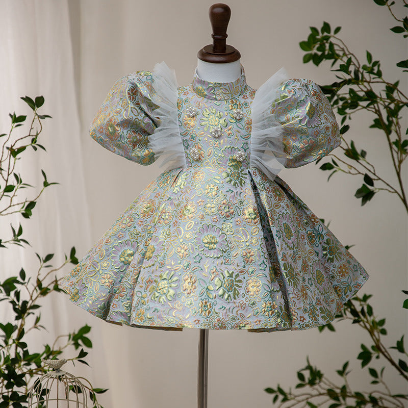 Green Floral Satin Princess Dress – Toddler & Little Girl Special Occasion Gown