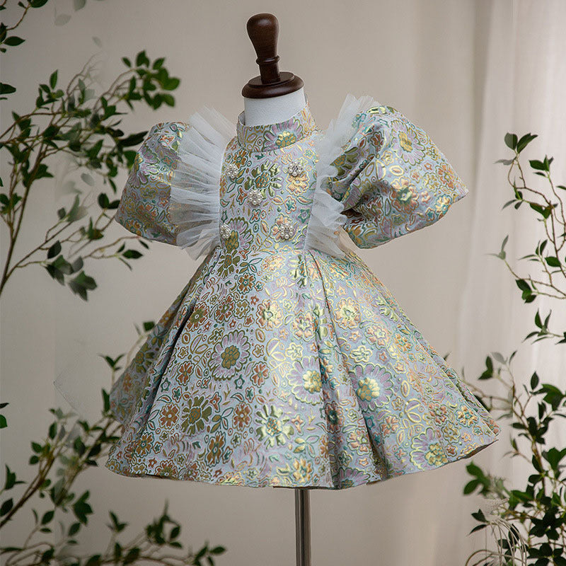 Green Floral Satin Princess Dress – Toddler & Little Girl Special Occasion Gown