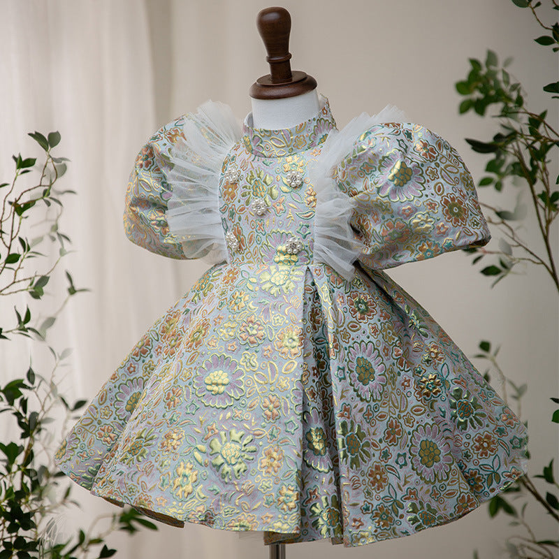 Green Floral Satin Princess Dress – Toddler & Little Girl Special Occasion Gown