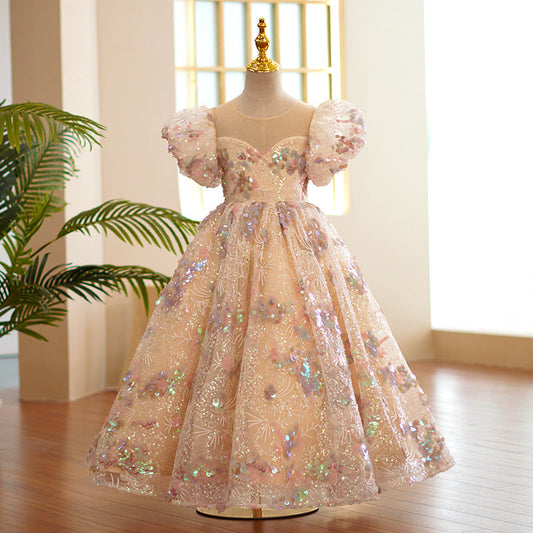 Floral Sequin Flower Girl Dress | Short Puff Sleeves
