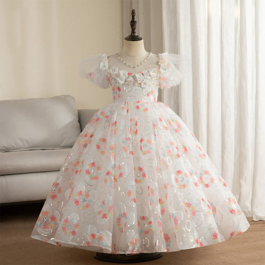 Floral Sequin Princess Flower Girl Dress Lace Flower Puff