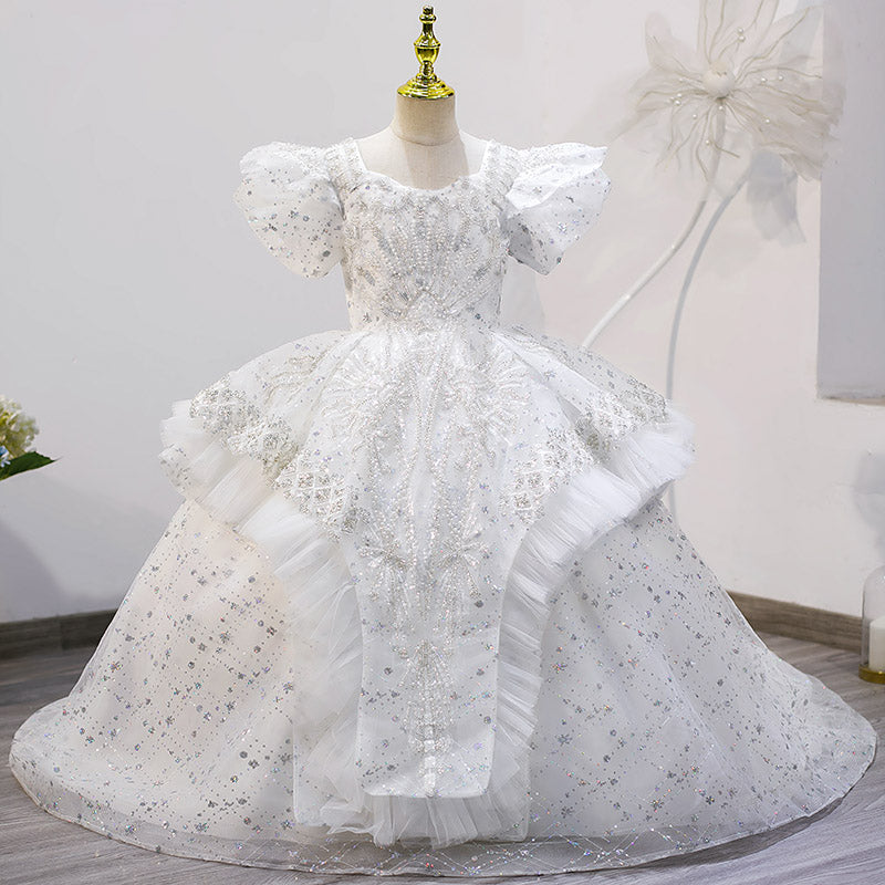 White Ball Gown for Girls with Sequins & Beads - Special Occasion Dress (Ages 3-12)