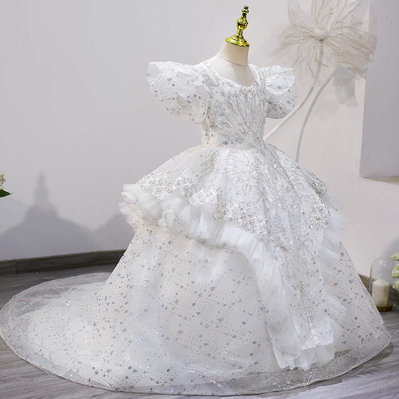 White Ball Gown for Girls with Sequins & Beads - Special Occasion Dress (Ages 3-12)
