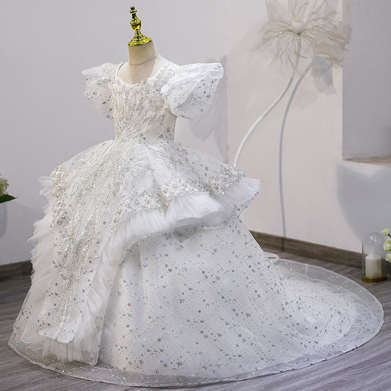 White Ball Gown for Girls with Sequins & Beads - Special Occasion Dress (Ages 3-12)