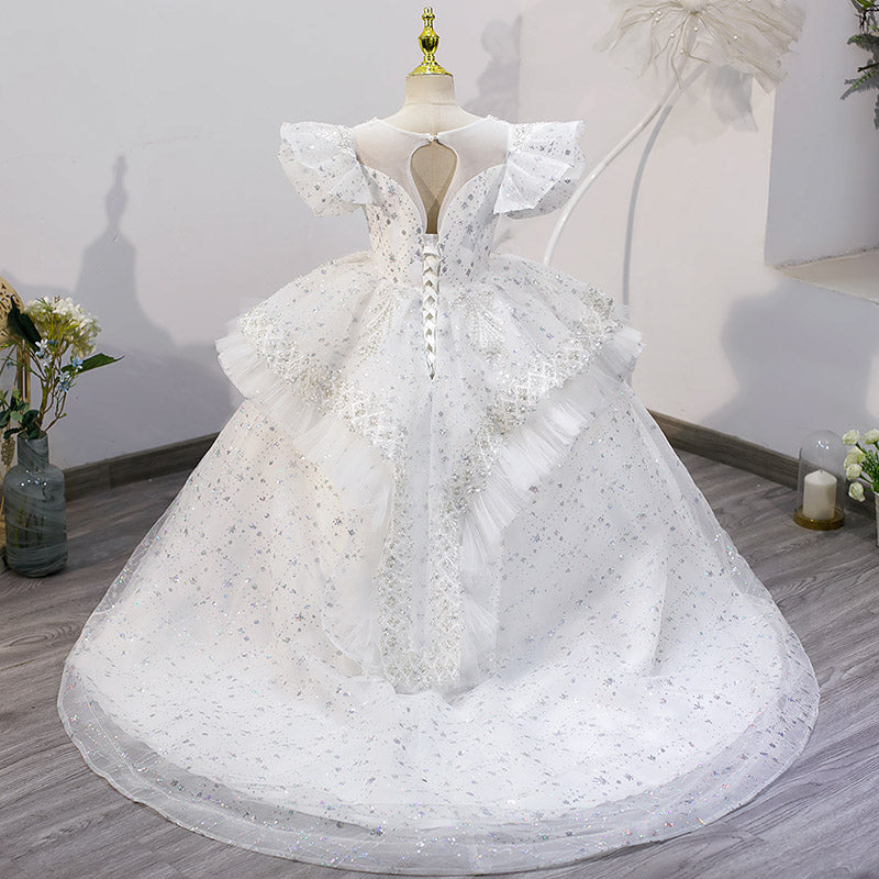 White Ball Gown for Girls with Sequins & Beads - Special Occasion Dress (Ages 3-12)