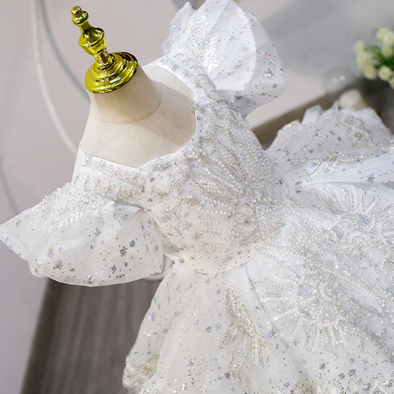 White Ball Gown for Girls with Sequins & Beads - Special Occasion Dress (Ages 3-12)