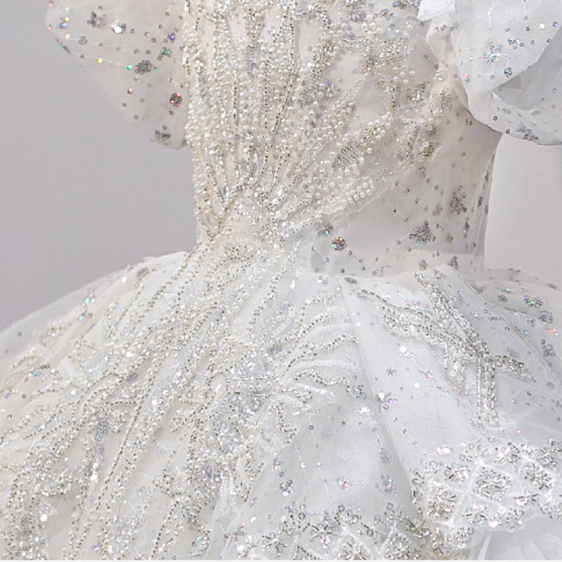 White Ball Gown for Girls with Sequins & Beads - Special Occasion Dress (Ages 3-12)