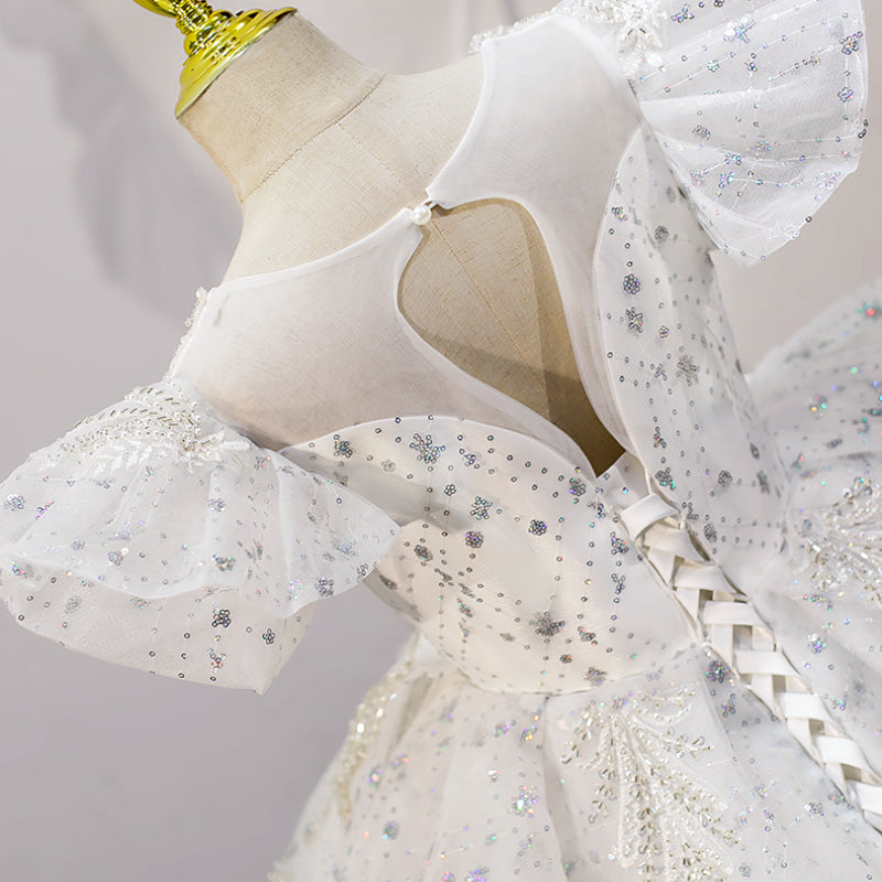 White Ball Gown for Girls with Sequins & Beads - Special Occasion Dress (Ages 3-12)