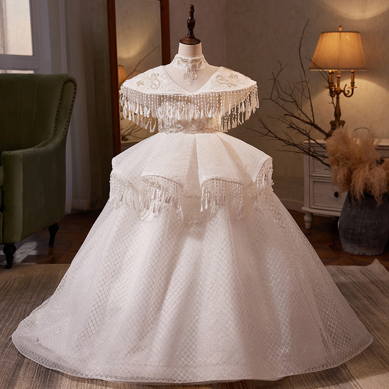 Fluffy Princess Flower Girl Dress with Fringe Shoulders, Beaded Organza | White Special Occasion Gown Ages 3-12