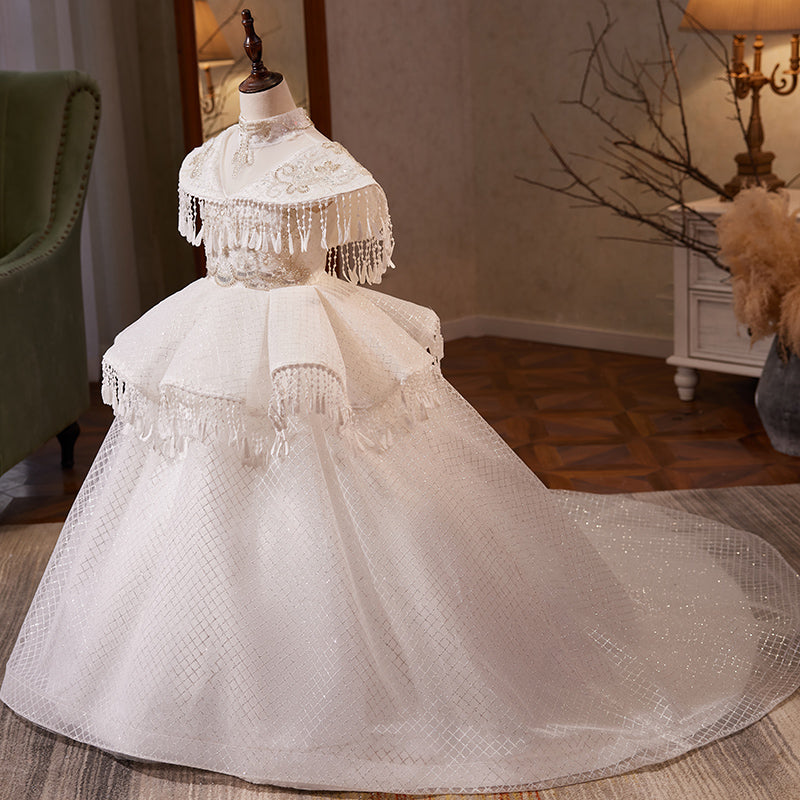 Fluffy Princess Flower Girl Dress with Fringe Shoulders, Beaded Organza | White Special Occasion Gown Ages 3-12