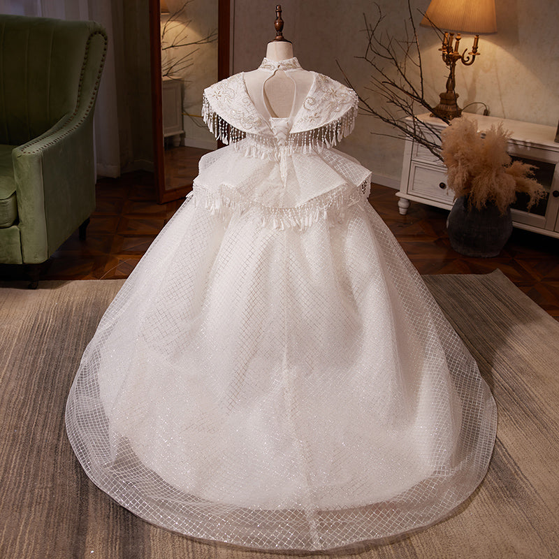 Fluffy Princess Flower Girl Dress with Fringe Shoulders, Beaded Organza | White Special Occasion Gown Ages 3-12