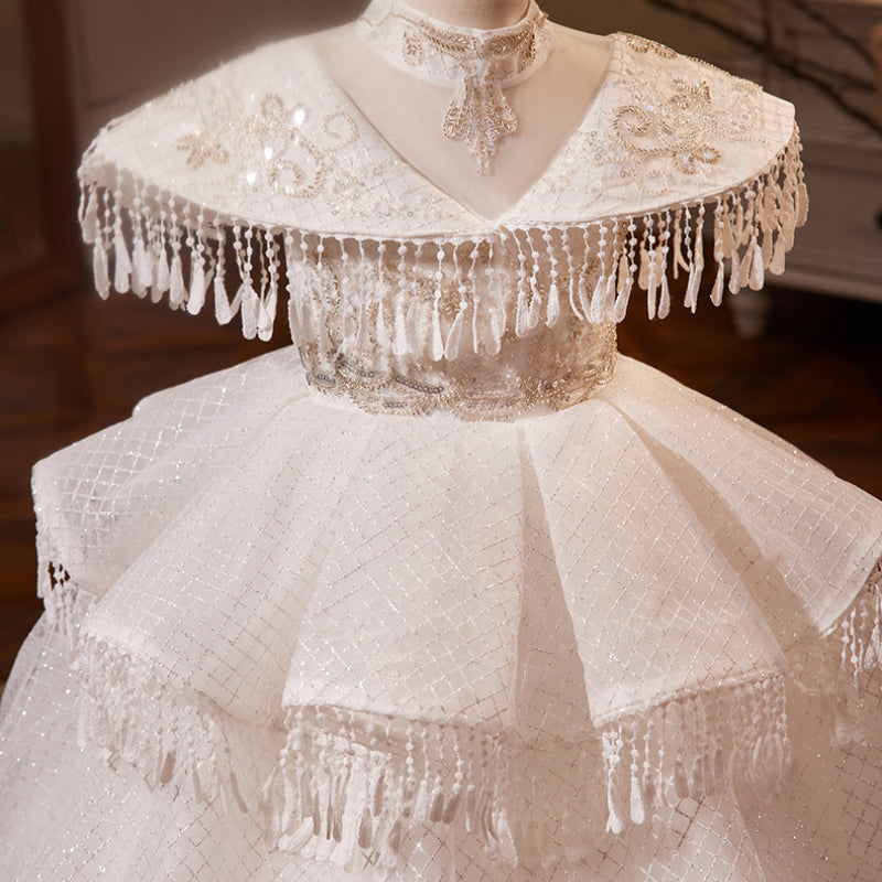 Fluffy Princess Flower Girl Dress with Fringe Shoulders, Beaded Organza | White Special Occasion Gown Ages 3-12