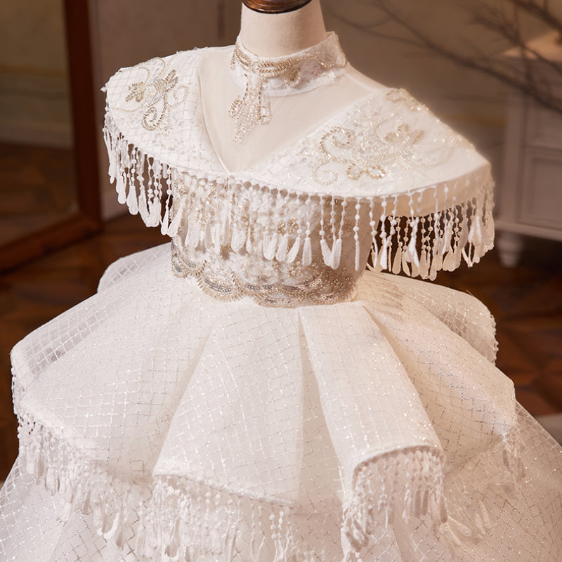 Fluffy Princess Flower Girl Dress with Fringe Shoulders, Beaded Organza | White Special Occasion Gown Ages 3-12