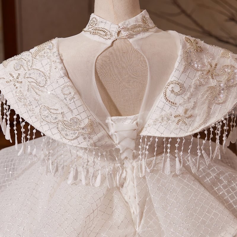 Fluffy Princess Flower Girl Dress with Fringe Shoulders, Beaded Organza | White Special Occasion Gown Ages 3-12