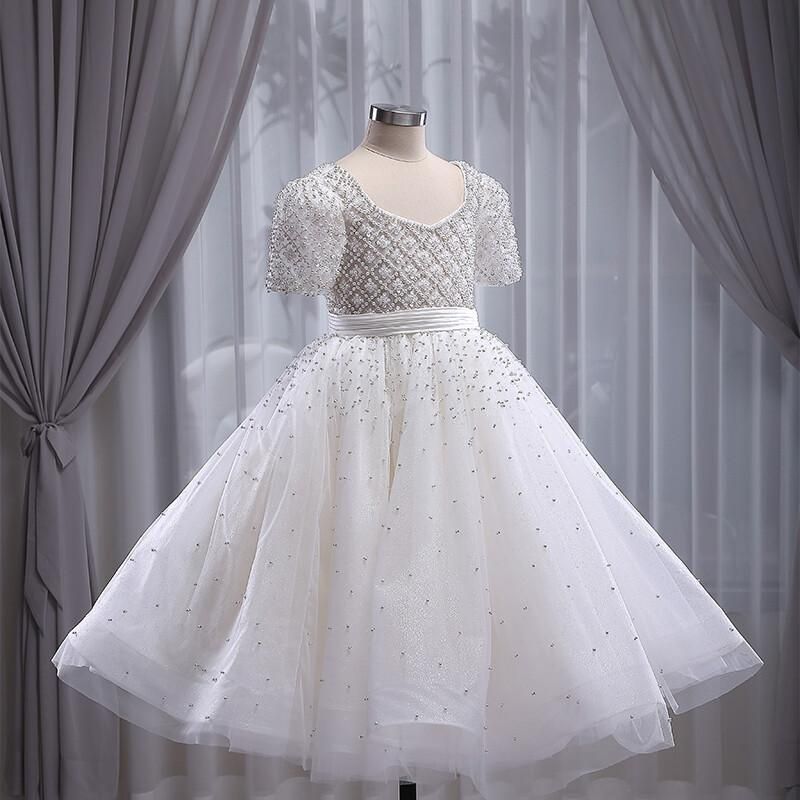 A-Line White Tulle Sequin Girls Dress Square Neck Tea Length | Occasion Wear for Ages 3-12