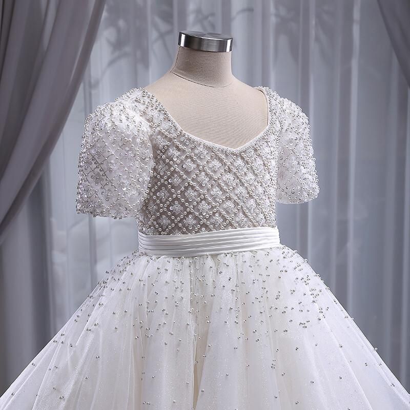 A-Line White Tulle Sequin Girls Dress Square Neck Tea Length | Occasion Wear for Ages 3-12