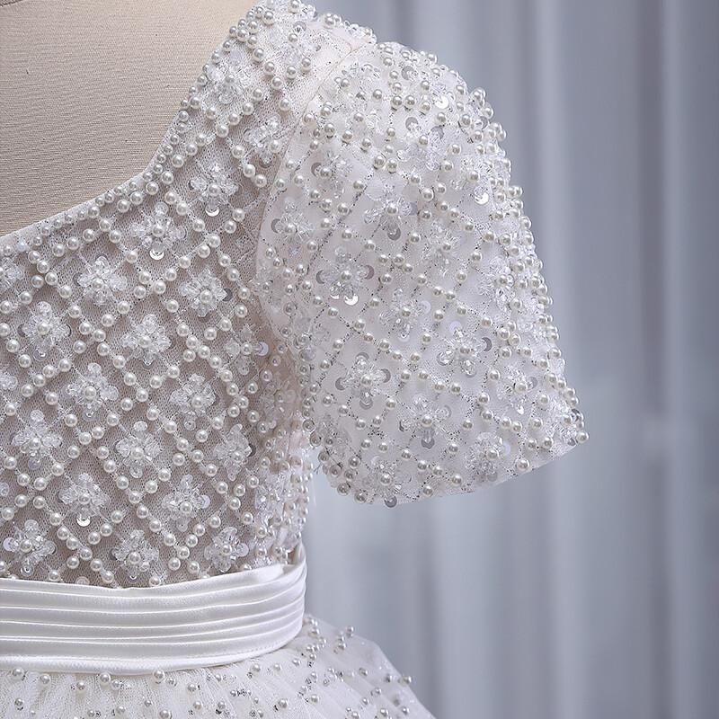 A-Line White Tulle Sequin Girls Dress Square Neck Tea Length | Occasion Wear for Ages 3-12